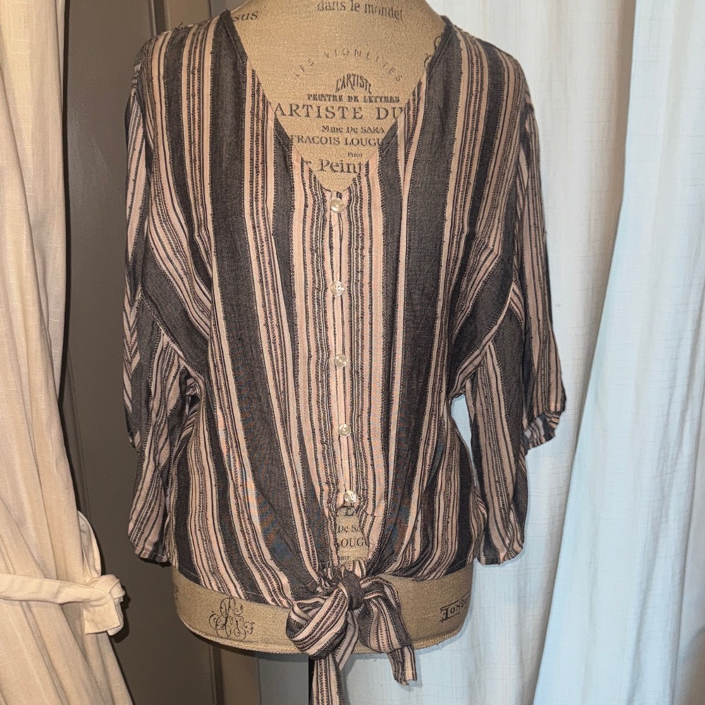 Harper Heritage Chic Striped Button-Down Blouse Tie-Front Flowy Top Shirt Small - Picture 1 of 13